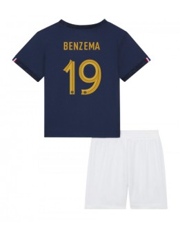 Otroški Nogometna dresi replika Francija Karim Benzema #19 Domači SP 2022 Kratek rokav (+ hlače)